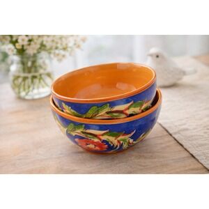 Pfaltzgraff Villa‎ della Luna Set of 2 Orange Ceramic Bowls Poppy Floral Design